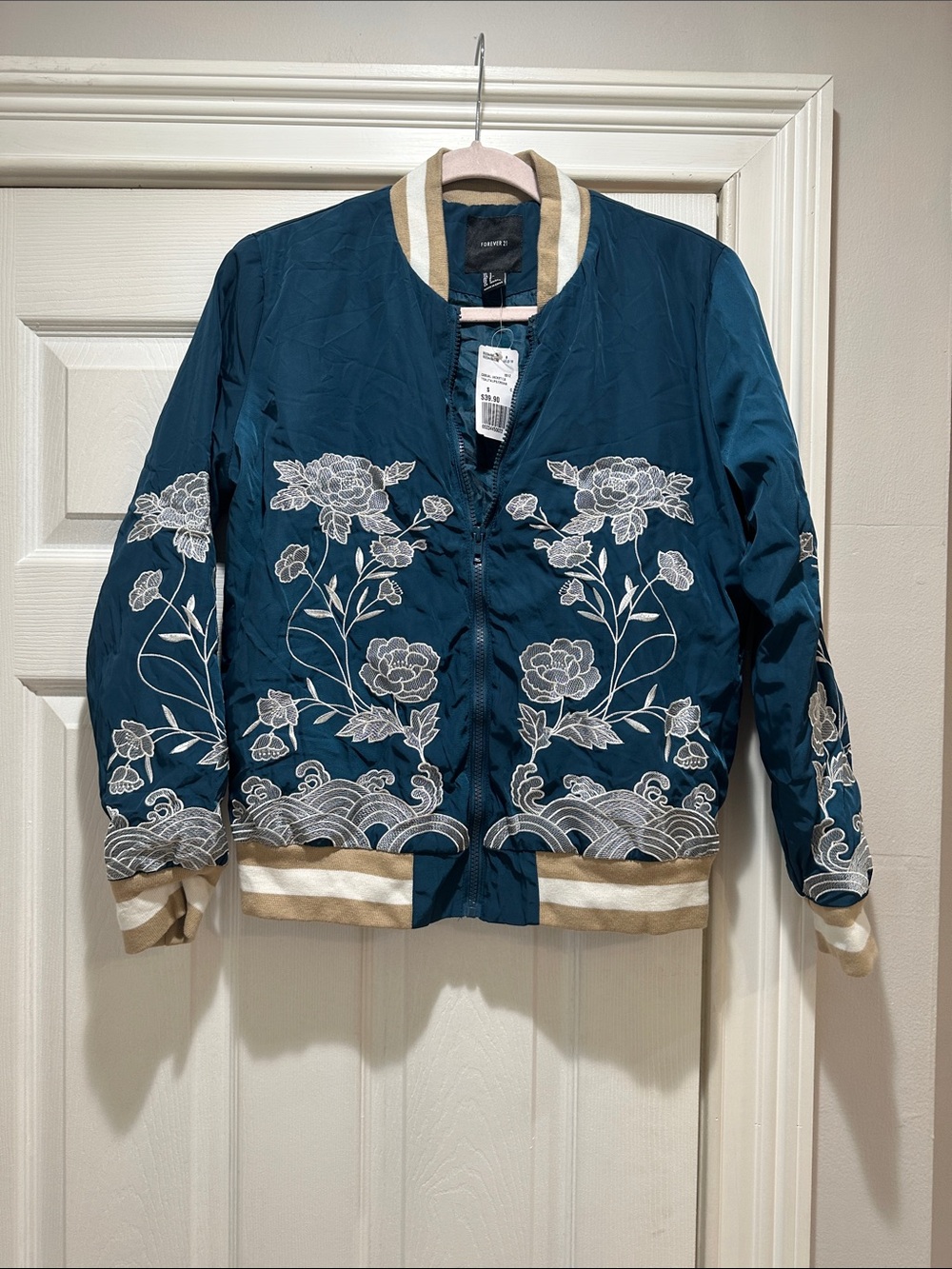 Forever 21 Teal Embroidered Floral Bomber Jacket with Cream Trim